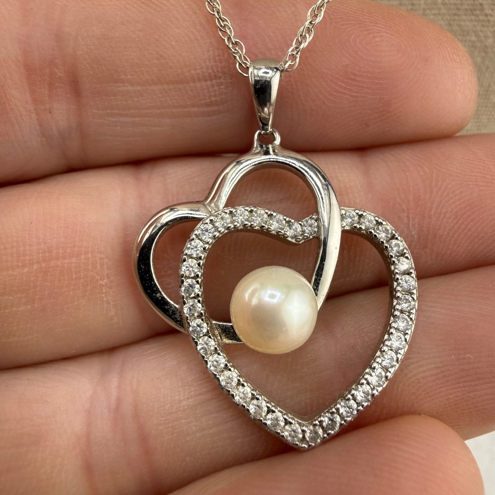 Heart Pendant Necklace‎ Silver Pearl CZ Double Heart Women Signed  18 In